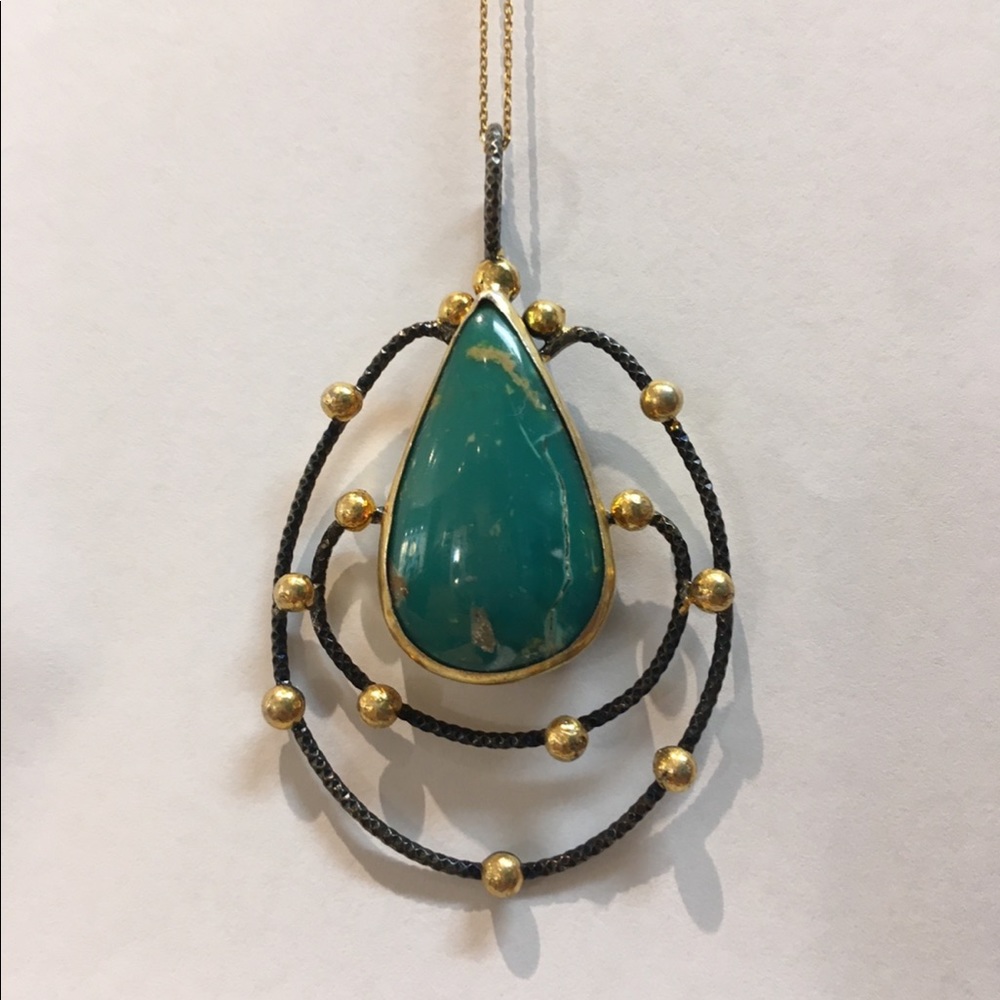 Oxidize silver, 22 kt gold, turquoise necklace